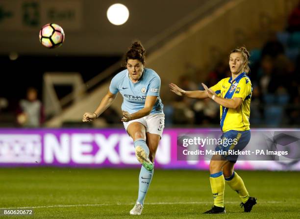 Manchester City's Jennifer Beattie has a shot on goal during the UEFA Women's Champions League round of 32 second leg match at the City Football...