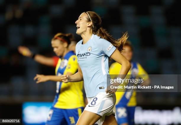Manchester City's Jill Scott celebrates scoring her side's second goal of the game during the UEFA Women's Champions League round of 32 second leg...