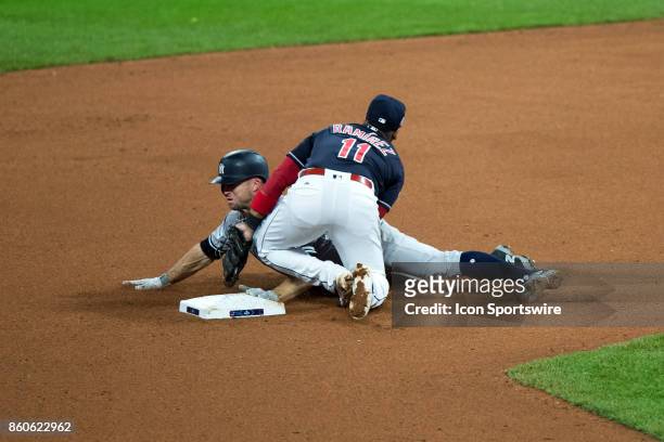 New York Yankees left fielder Brett Gardner s tagged out at second base to complete a strike out - throw out double play during the seventh inning of...