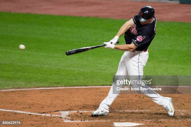 Cleveland Indians right fielder Jay Bruce singles during the fifth inning of the 2017 American League Divisional Series Game 5 between the New York...
