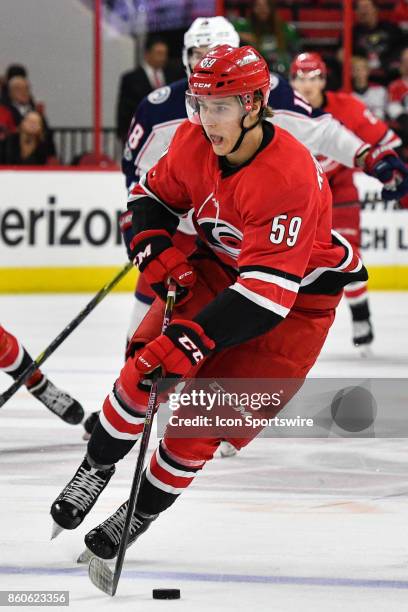 Carolina Hurricanes Winger Janne Kuokkanen skates with the puck in a game between the Columbus Blue Jackets and the Carolina Hurricanes at the PNC...