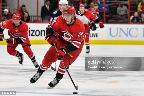 Carolina Hurricanes Winger Janne Kuokkanen skates with the puck in a game between the Columbus Blue Jackets and the Carolina Hurricanes at the PNC...