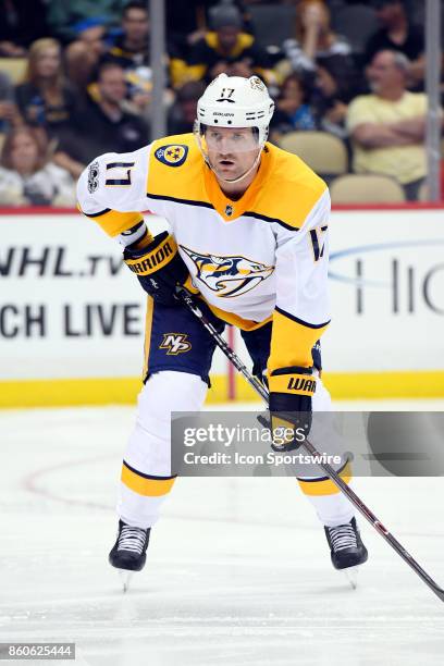 Nashville Predators Left Wing Scott Hartnell waits for the puck to drop during the second period in the NHL game between the Pittsburgh Penguins and...