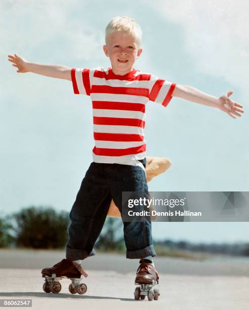 Retro boy roller-skating with pillow tied to back