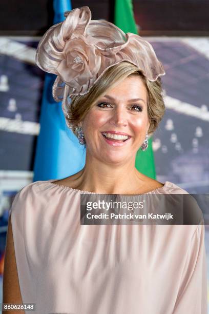 Queen Maxima of The Netherlands visits OGMA in Alverca on October 12, 2017 in Sintra, Portugal. OGMA Industria Aeronautica de Portugal is specialized...