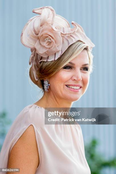 Queen Maxima of The Netherlands visits OGMA in Alverca on October 12, 2017 in Sintra, Portugal. OGMA Industria Aeronautica de Portugal is specialized...