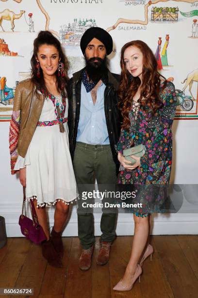 Rosanna Falconer, Waris Ahluwalia and Olivia Grant attend the Travels to My Elephant racer send-off party hosted by Ruth Ganesh, Ben Elliot and Waris...