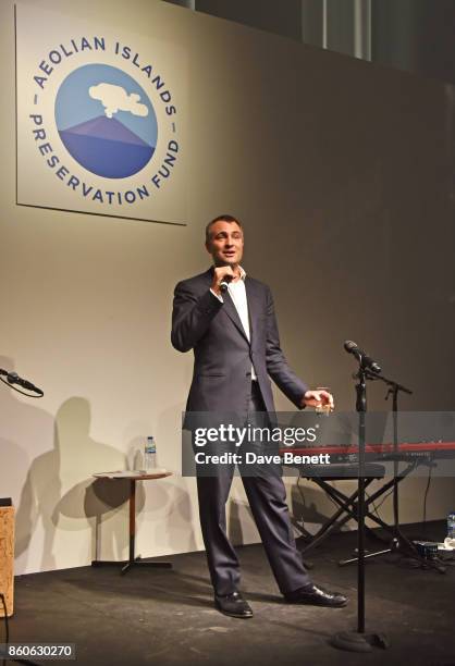 Ben Goldsmith speaks at the Aeolian Islands Preservation Fund's inaugural fundraiser hosted by Ritorno at Phillips Gallery on October 12, 2017 in...