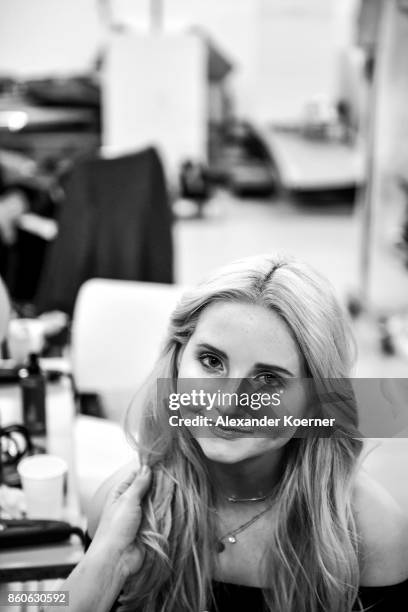 Anna Hiltrop poses backstage prior the American Women's Club And Esmod Charity Fashion Show at DRIVE. Volkswagen Group Forum on October 12, 2017 in...