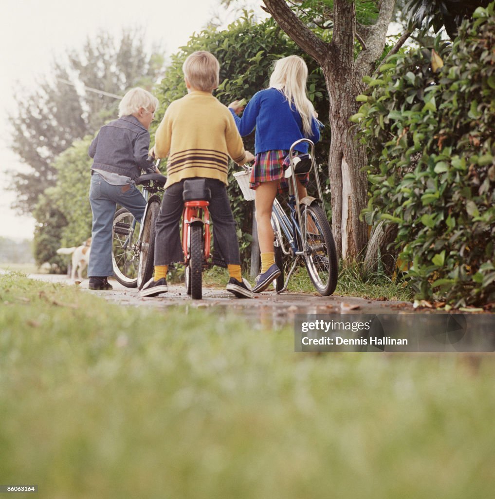 Three children riding bicycles on sidewalk