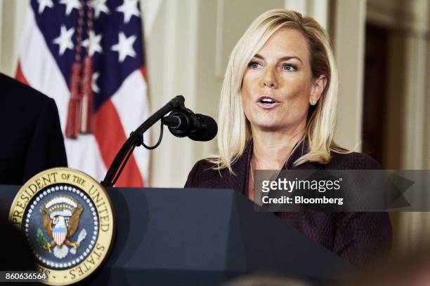 Kirstjen Nielsen, U.S. Secretary of Homeland Security nominee, speaks after an introduction from U.S. President Donald Trump, not pictured, at the...