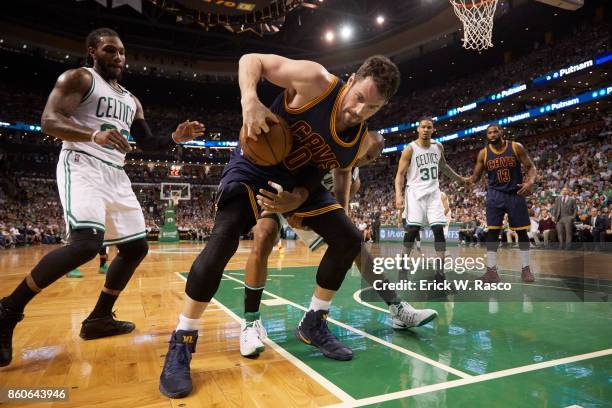 Playoffs: Cleveland Cavaliers Kevin Love in action vs Boston Celtics Al Horford and Jae Crowder at TD Garden. Game 2. Boston, MA 5/19/2017 CREDIT:...