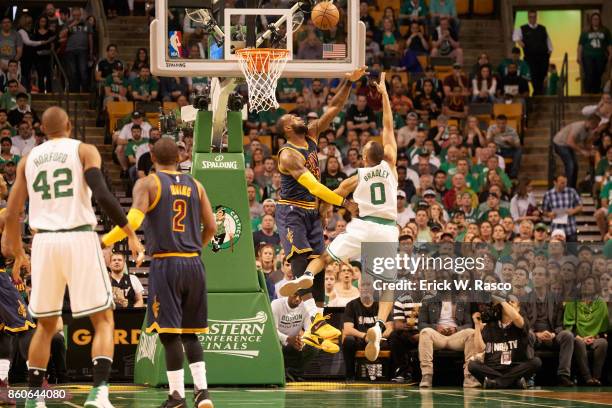 Playoffs: Cleveland Cavaliers LeBron James in action, defense vs Boston Celtics Avery Bradley at TD Garden. Game 2. Boston, MA 5/19/2017 CREDIT:...
