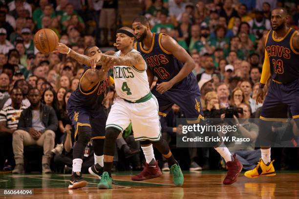 Playoffs: Boston Celtics Isaiah Thomas in action vs Cleveland Cavaliers Kyrie Irving and Tristan Thompson at TD Garden. Game 2. Boston, MA 5/19/2017...