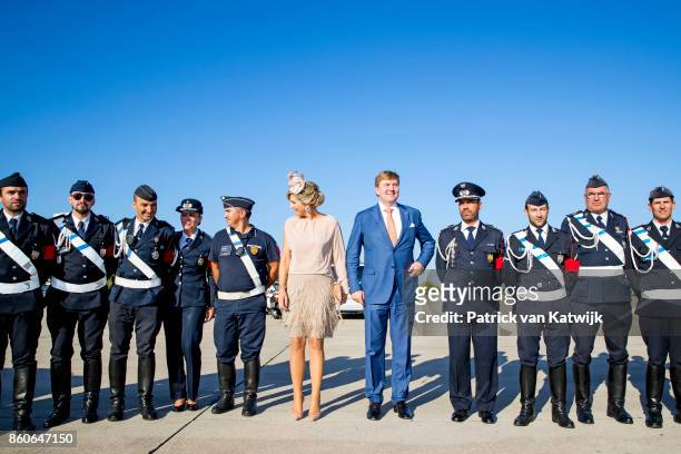 King Willem-Alexander of The Netherlands and Queen Maxima of The Netherlands depart from Military airport Figo Madura on October 12, 2017 in LISBON,...
