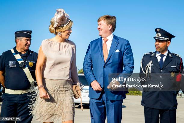 King Willem-Alexander of The Netherlands and Queen Maxima of The Netherlands depart from Military airport Figo Madura on October 12, 2017 in LISBON,...