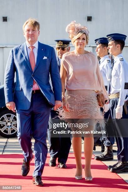 King Willem-Alexander of The Netherlands and Queen Maxima of The Netherlands depart from Military airport Figo Madura on October 12, 2017 in LISBON,...