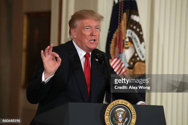 President Donald Trump speaks during a nomination announcement at the East Room of the White House October 12, 2017 in Washington, DC. President...