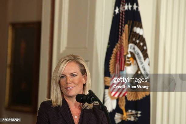 White House Deputy Chief of Staff Kirstjen Nielsen speaks during a nomination announcement at the East Room of the White House October 12, 2017 in...