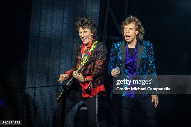 Mick Jagger and Ronnie Wood of the Rolling Stones perform in concert during their No Filter Tour at Friends Arena on October 12, 2017 in Stockholm,...