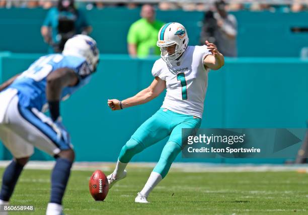 Miami Dolphins kicker Cody Parkey kicks off during an NFL football game between the Tennessee Titans and the Miami Dolphins on October 8, 2017 at...