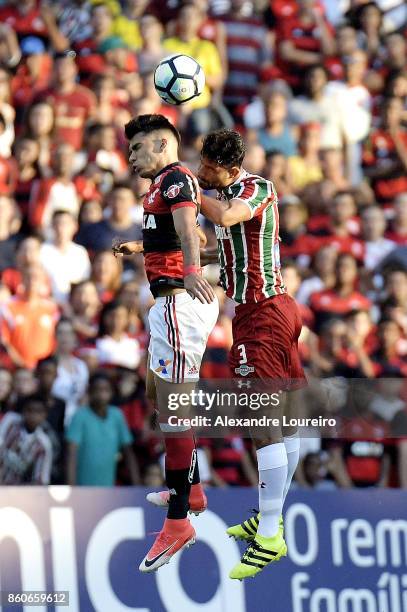 Lucas Paquet of Flamengo battles for the ball with Gum of Fluminense during the match between Flamengo and Fluminense as part of Brasileirao Series A...