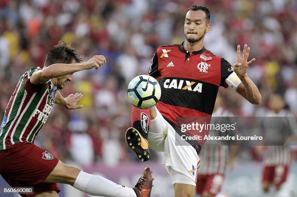 Rever of Flamengo battles for the ball with lUCAS of Fluminense during the match between Flamengo and Fluminense as part of Brasileirao Series A 2017...