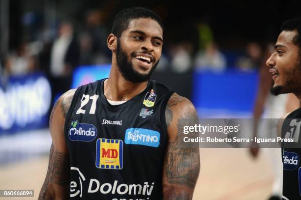 Chane Behanan of Dolomiti Energia celebrates during the LBA LegaBasket match between Virtus Segafredo Bologna and Aquila Dolomiti Energia Trento at...