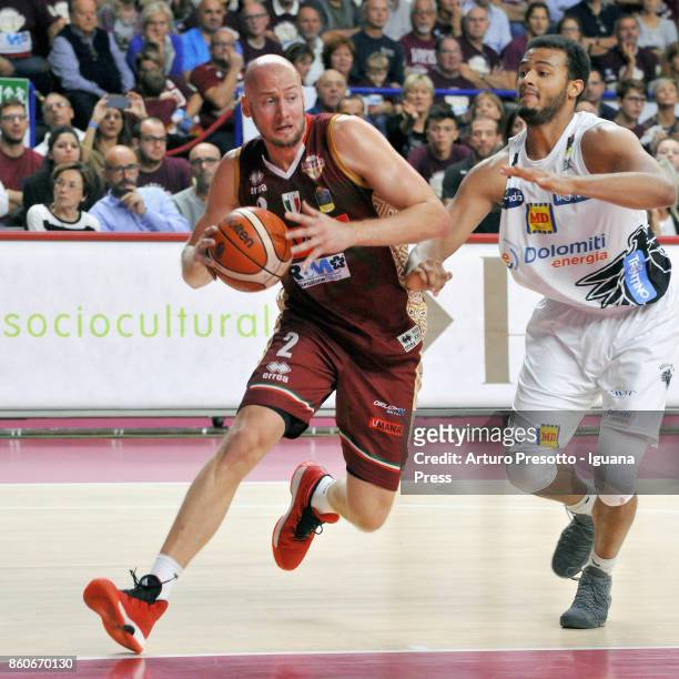 Hrvoje Peric of Umana competes with Shavon Shields of Dolomiti Energia during the LBA LegaBasket of Serie A1 match between Reyer Umana Venezia and...