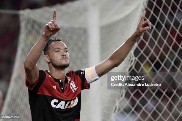 Rever of Flamengo celebrates a scored goal during the match between Flamengo and Fluminense as part of Brasileirao Series A 2017 at Maracana Stadium...