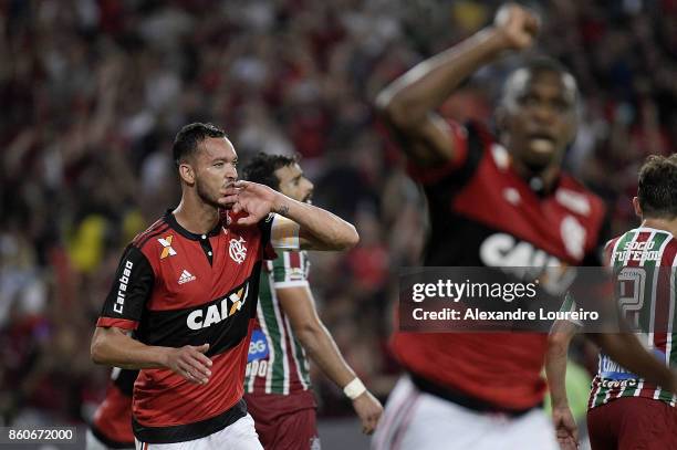 Rever of Flamengo celebrates a scored goal during the match between Flamengo and Fluminense as part of Brasileirao Series A 2017 at Maracana Stadium...