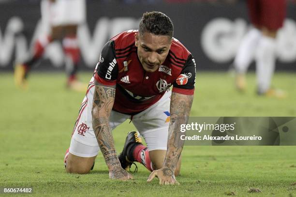 Paolo GuerreroÂ of Flamengo reacts during the match between Flamengo and Fluminense as part of Brasileirao Series A 2017 at Maracana Stadium on...