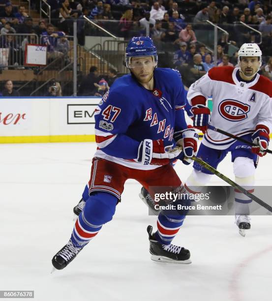 Steven Kampfer of the New York Rangers skates against the Montreal Canadiens at Madison Square Garden on October 8, 2017 in New York City. The...