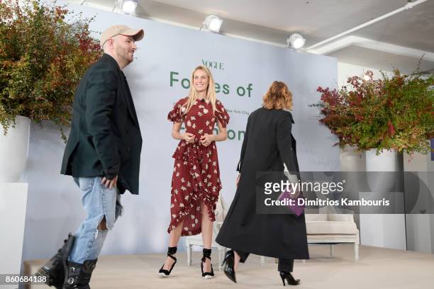 Demna Gvasalia, Selby Drummond and Sarah Mower speak onstage during Vogue's Forces of Fashion Conference at Milk Studios on October 12, 2017 in New...