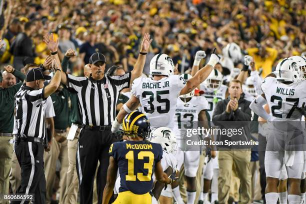 Michigan State Spartans linebacker Joe Bachie celebrates a big turnover on third down during the Michigan Wolverines versus Michigan State Spartans...