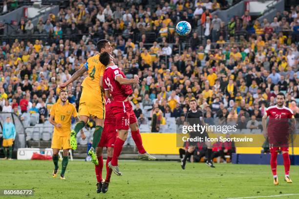 Australian forward Tim Cahill heads in the match winning goal at the Soccer World Cup Qualifier between Australia and Syria on October 10, 2017.