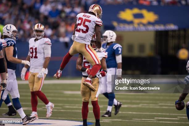 San Francisco 49ers cornerback K'Waun Williams and San Francisco 49ers defensive back Jimmie Ward celebrate a defensive stop during the NFL game...