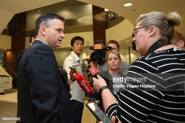 Green Party leader James Shaw is approached by media as coalition decision meetings continue at Parliament on October 13, 2017 in Wellington, New...