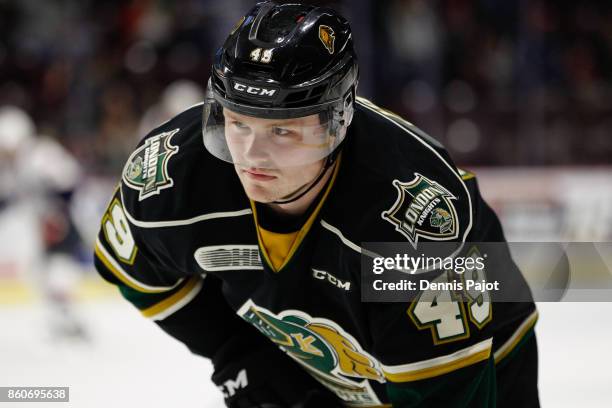 Forward Max Jones of the London Knights skates during warmups prior to a game against the Windsor Spitfires on October 12, 2017 at the WFCU Centre in...