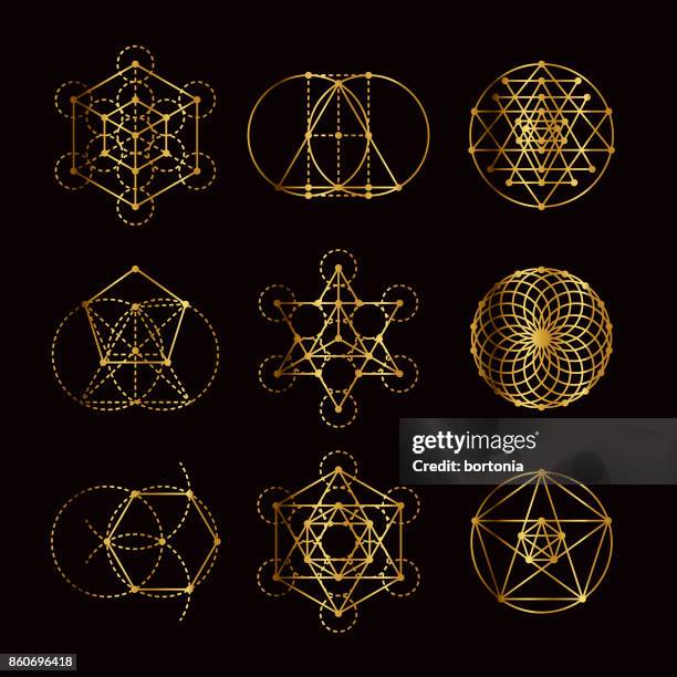 ilustraciones, imágenes clip art, dibujos animados e iconos de stock de conjunto de iconos de oro de geometría sagrada - geometría sagrada