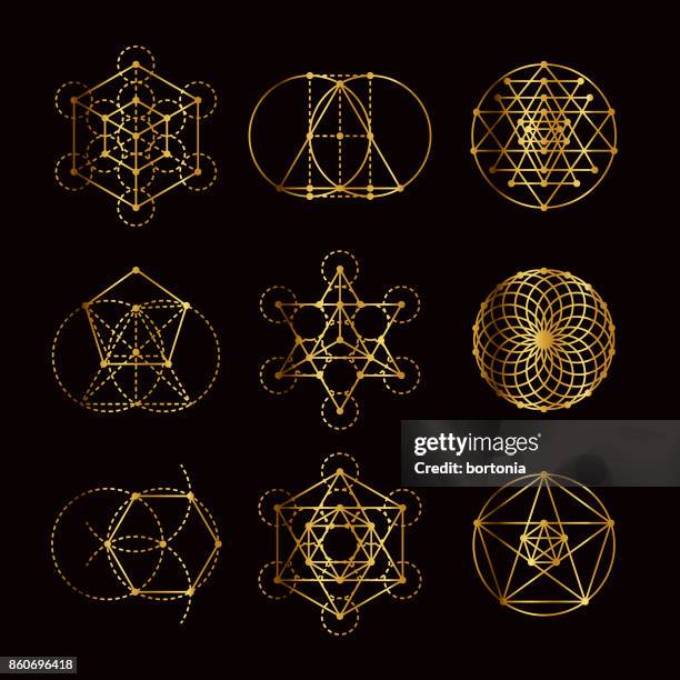 ilustraciones, imágenes clip art, dibujos animados e iconos de stock de conjunto de iconos de oro de geometría sagrada - alchemy