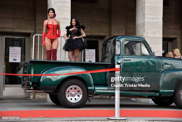 Image contains nudity.) Model Micaela Schaefer and German singer Julia Jasmin Ruehle alias JJ during the red carper Photo Call of Venus Erotic Fair...