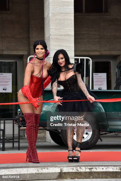 Image contains nudity.) Model Micaela Schaefer and German singer Julia Jasmin Ruehle alias JJ during the red carper Photo Call of Venus Erotic Fair...