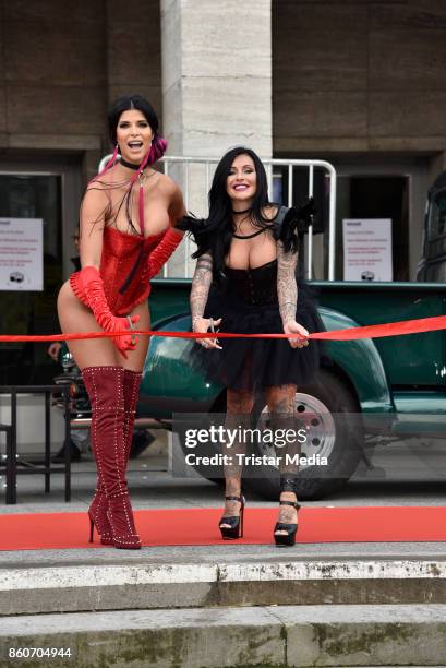 Image contains nudity.) Model Micaela Schaefer and German singer Julia Jasmin Ruehle alias JJ during the red carper Photo Call of Venus Erotic Fair...