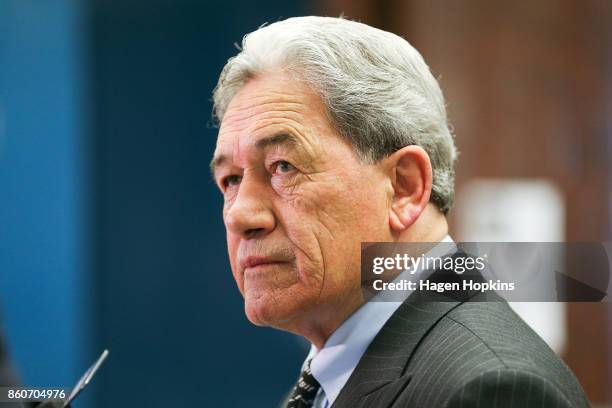 First leader Winston Peters speaks to media as coalition decision meetings continue at Parliament on October 13, 2017 in Wellington, New Zealand....
