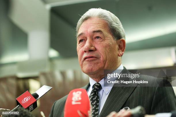 First leader Winston Peters speaks to media as coalition decision meetings continue at Parliament on October 13, 2017 in Wellington, New Zealand....