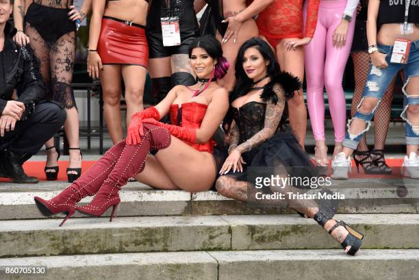 Model Micaela Schaefer and German singer Julia Jasmin Ruehle alias JJ during the red carper Photo Call of Venus Erotic Fair Opening 2017 on October...