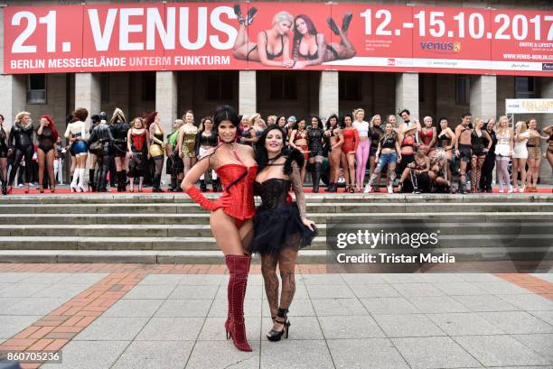 Model Micaela Schaefer and German singer Julia Jasmin Ruehle alias JJ during the red carper Photo Call of Venus Erotic Fair Opening 2017 on October...