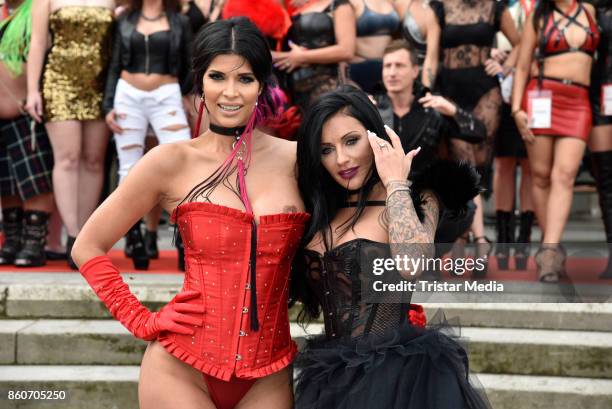 Model Micaela Schaefer and German singer Julia Jasmin Ruehle alias JJ during the red carper Photo Call of Venus Erotic Fair Opening 2017 on October...