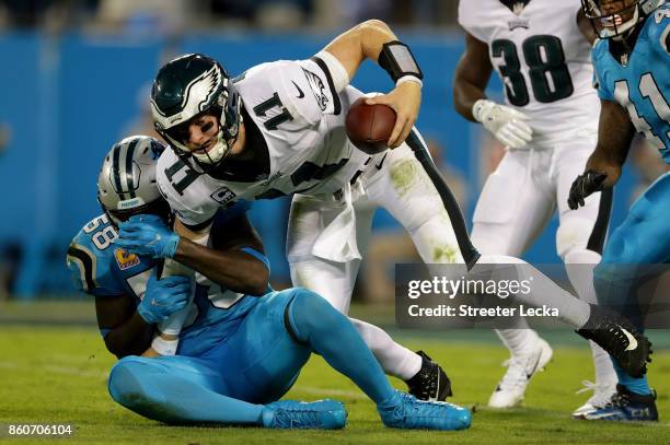 Thomas Davis of the Carolina Panthers sacks Carson Wentz of the Philadelphia Eagles in the second quarter during their game at Bank of America...